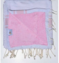 Fouta doublée éponge gris clair et rose bébé