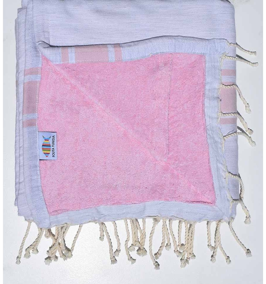 Fouta Doublee Eponge Gris Clair Et Rose Bebe