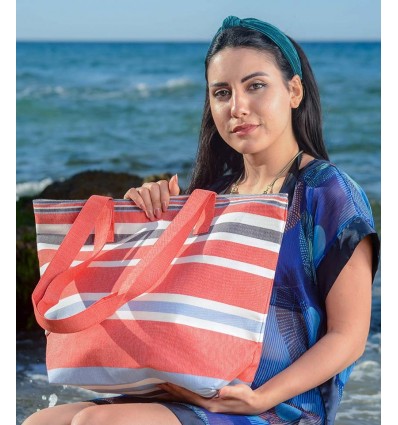 Sac de plage rouge, blanc, bleu et gris noir