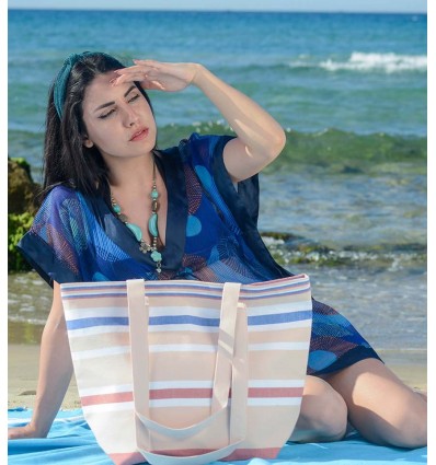 Burlywood, white, carmine red and blue Beach bag