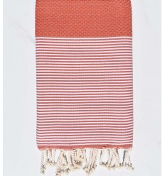 Fouta nid d'abeille rouge tomette avec rayures