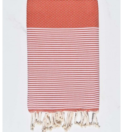 Fouta nid d'abeille rouge tomette avec rayures