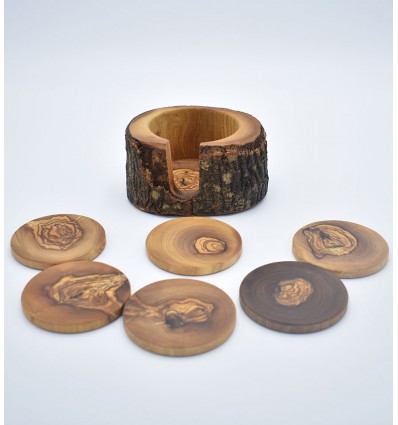 6 sous tasses + support en bois d'olivier