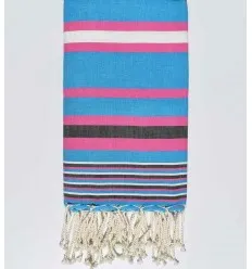 Fouta dina bleu céleste rayée rose et blanc