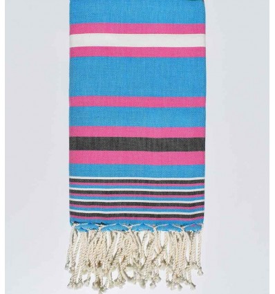 Fouta dina bleu céleste rayée rose et blanc