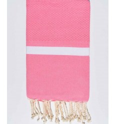 Fouta nid d'abeille rose avec bandes blanche