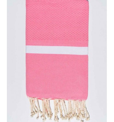 Fouta nid d'abeille rose avec bandes blanche