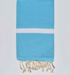 Fouta Nid d’abeille Bleu céleste avec bandes blanche