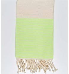 Fouta en nid d'abeille blanc crème rayée vert fluo