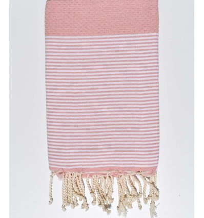 Fouta nid d'abeille rose pêche foncé avec rayures