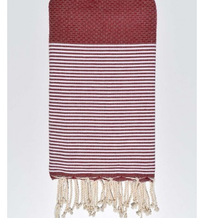 Fouta nid d'abeille rouge bordeaux avec rayures