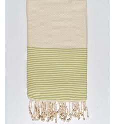 Fouta nid d'abeille blanc crème rayée vert pistache