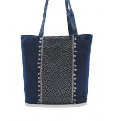 Sac bleu jean avec motifs bleu nuit et pompons rose bébé