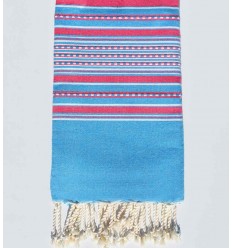 Fouta arabesque bleu azur avec rayures rose