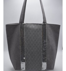 Sac Saint Tropez taupe motifs chevron bleu guède et des paillettes argenté