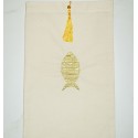 Pochette beige clair brodée avec pompon jaune doré