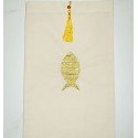 Pochette beige clair brodée avec pompon jaune doré