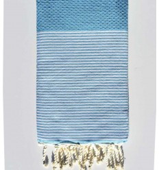 Fouta nid d'abeille bleu azur clair avec rayures