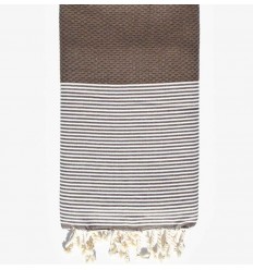 Fouta nid d'abeille marron taupe avec rayures - FOUTA TUNISIA