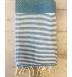 Fouta nid d'abeille bleu canard avec rayures