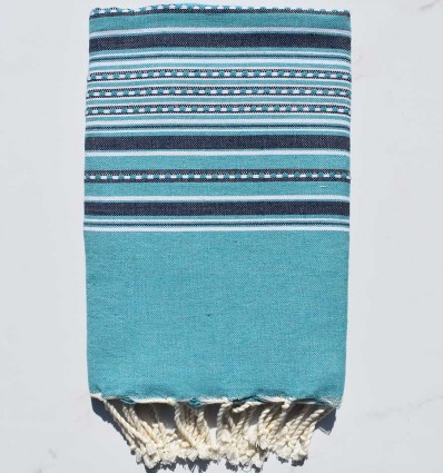 Fouta arabesque bleu paon et bleu marine - FOUTA TUNISIA