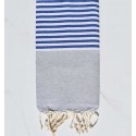 Fouta plate gris clair rayée bleu et blanc