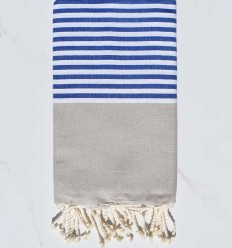 Fouta plate grège rayée bleu et blanc