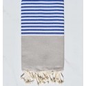 Fouta plate grège rayée bleu et blanc