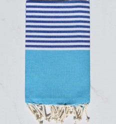 Fouta plate bleu d'azur rayée bleu et blanc