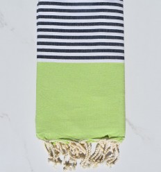 Fouta plate vert clair rayée bleu nuit et blanc