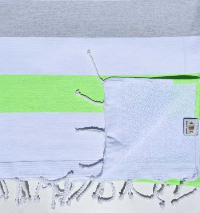 Bright green and gray beach towel lined with sponge