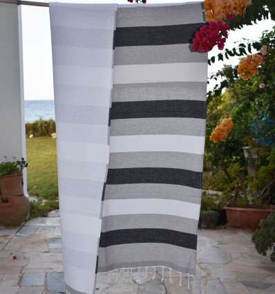 Fouta gris noir et blanc doublée éponge - Fouta absorbante