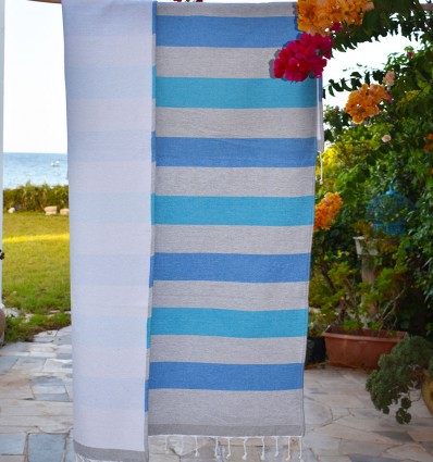 Fouta bleu et bleu azur doublée éponge