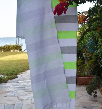 Fouta vert fluo et gris doublée éponge - Fouta absorbante