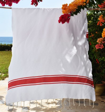 Fouta PLATO blanco a rayas rojo - FOUTA TUNISIA