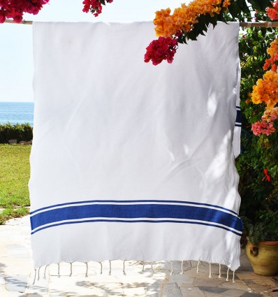 Fouta blanche bandes bleues - FOUTA TUNISIA