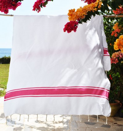 Fouta Blanche Bandes rose - FOUTA TUNISIA