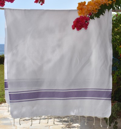 Fouta plate blanche bandes parme