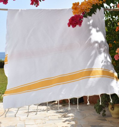 Fouta Plate blanche bandes Jaune - FOUTA TUNISIA