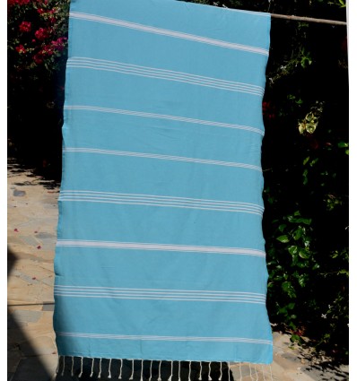 Fouta Mykonos bleu céruléen avec rayures