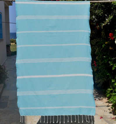 Fouta Mykonos bleu céruléen avec rayures