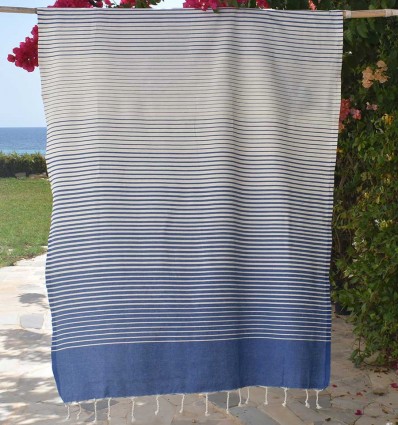Fouta Portofino bleu rayée blanc crème - FOUTA TUNISIA