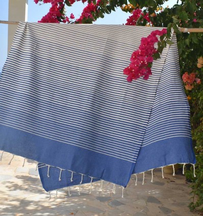 Fouta Portofino bleu rayée blanc crème - FOUTA TUNISIA