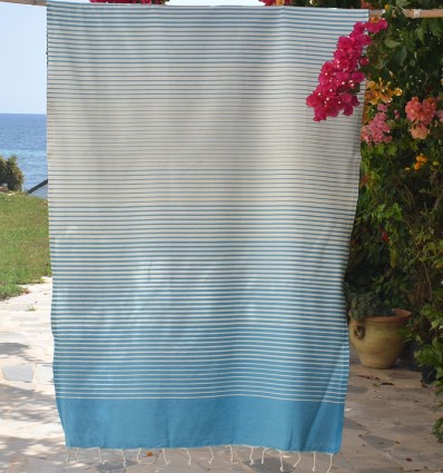 Fouta portofino bleu azur rayée blanc crème - FOUTA TUNISIA