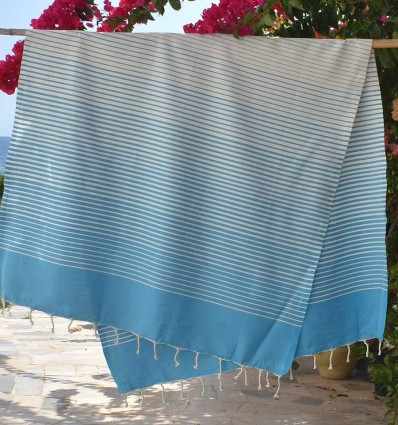 Fouta portofino bleu azur rayée blanc crème - FOUTA TUNISIA