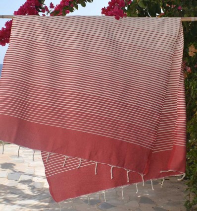 Fouta Portofino rouge rayée blanc crème - FOUTA TUNISIA