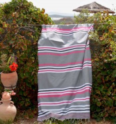 Fouta dina gris rayée rose, blanc et gris anthracite
