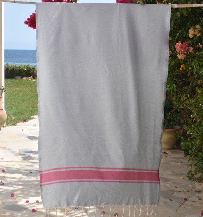 Fouta gris bandes rose fuchsia - FOUTA TUNISIA