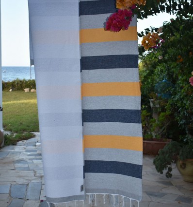Fouta jaune et bleu nuit doublée éponge - FOUTA TUNISIA