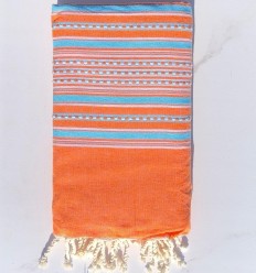 Fouta arabesque orange corail à rayures  bleu clair